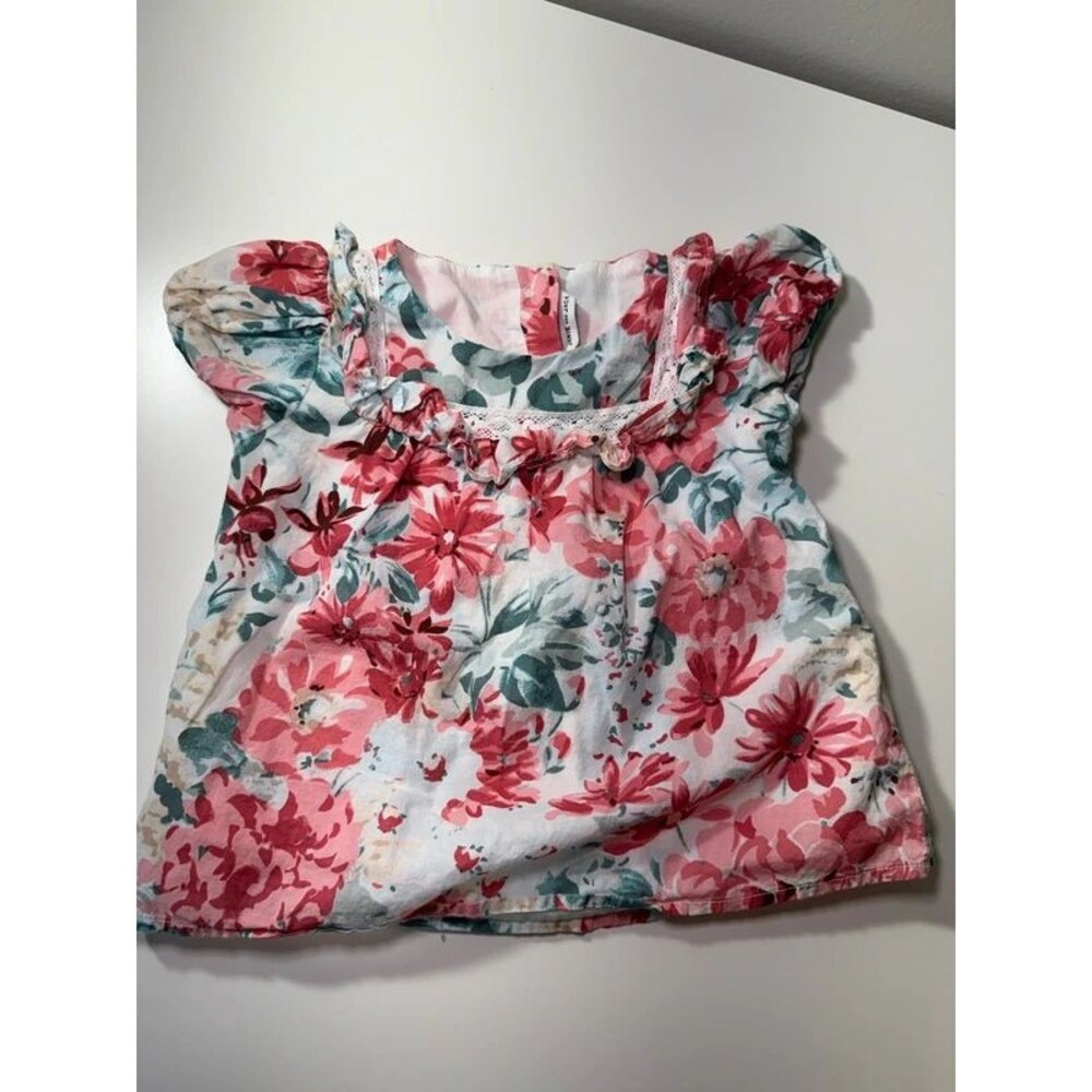 Adorable girls Janie & Jack 2T coral and green floral cotton blouse